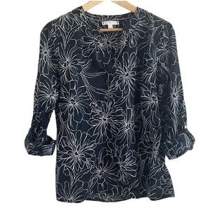 Tommy Hilfiger | Women's M, Floral Black and White Top, roll‎ sleeves